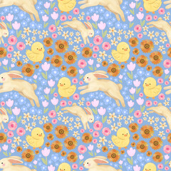 Seamless spring pattern with cute Rabbit with baby chick rose garden, tulips, sunflower and daisy gardening