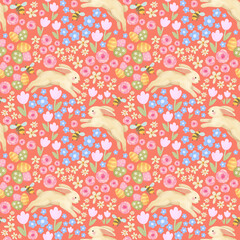 Seamless watercolor spring pattern with cute little bunny flower garden Easter egg colorful color
