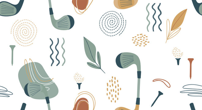 Abstract golf pattern with clubs, tees, balls, leaves, and decorative shapes in modern minimalist sports-themed vector illustration