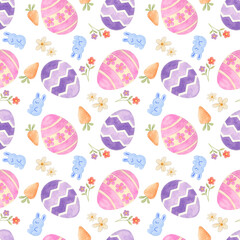 Seamless pattern of meadow field wildflower and Easter Egg with Gummy sweet yummy rabbit bunny watercolor