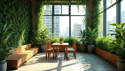 Naklejka premium Indoor rooftop garden with rich greenery abundant plants offers tranquil urban oasis seating area. Nature filled space overlooks city buildings bright sunlight streams through large windows.