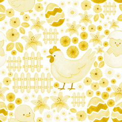 Seamless pattern with cute Chicken with baby chick  and Easter eggs. Hand drawn watercolor illustration. Perfect for textile, wallpaper