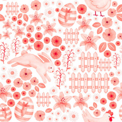 Seamless pattern with cute rabbit and Easter eggs. Hand drawn watercolor illustration. Perfect for textile, wallpaper