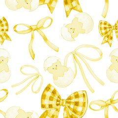 Seamless pattern of Baby chick and ribbon bow background. Farm animals, poultry.
