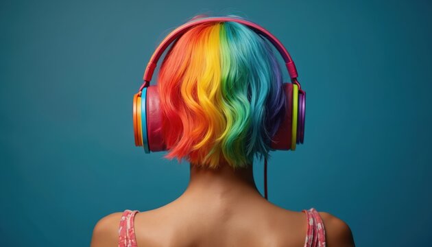 Person wears rainbow headphones and colorful wig. Person listens to music. Vibrant hair and accessories express joy and individuality. Colorful wig and bright headphones.