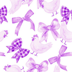 Seamless pattern of Chicken and ribbon bow background. Farm animals, poultry.