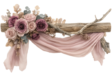 Floral-wood arch with soft pink fabric, elegant d?cor