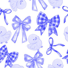 Seamless pattern of Baby chick and ribbon bow background. Farm animals, poultry.