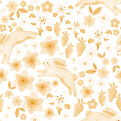 Orange pastel watercolor seamless pattern of cute Easter Bunnies in blooming spring garden , bee, egg