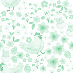 Green pastel watercolor seamless pattern of cute Easter Chicken in blooming spring flowers , baby chick, egg