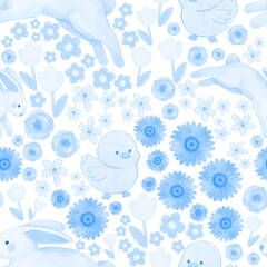 Blue pastel watercolor seamless pattern of cute Easter Bunnies in blooming spring garden , bee, baby chick