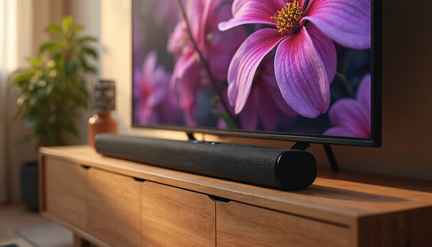 Modern wooden media console holds a black soundbar below a large television displaying colorful flowers. Home theater setup in a cozy living room enhances audio.