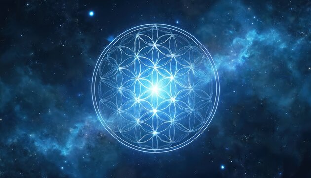 Glowing geometric flower of life pattern in cosmic nebula background. Interconnected abstract design symbolizes universe consciousness, spiritual energy, and sacred existence. Mystical divine motif.