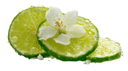 Lime slices topped with a small, delicate white flower