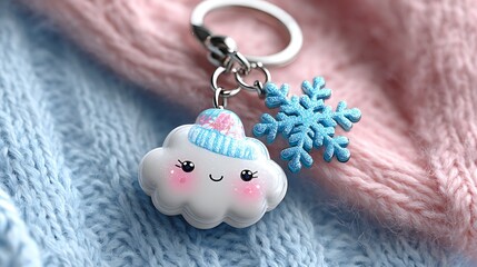 A whimsical handmade keychain featuring a happy cloud and snowflake, set on a textured knit fabric