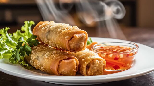 Hot steaming spring rolls served on a white plate. Crispy fried Asian appetizer with a sweet chili dipping sauce. Delicious food presentation in a restaurant