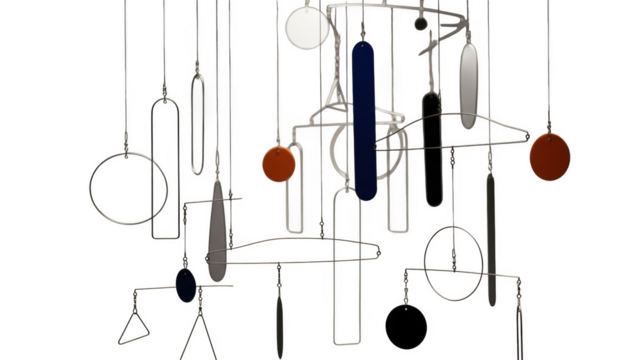 Abstract kinetic sculpture with geometric shapes and metallic finish mobile - Powered by Adobe