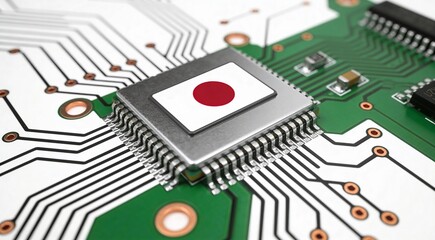 Japanese Flag Overlay on Computer Processor, Future Technology and Hardware Concept