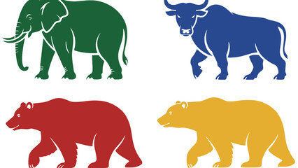 Obraz premium Colorful stylized animal icons representing market trends, bull and bear for finance