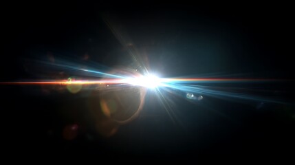 Bright burst of light with long beams and flares against a stark black background