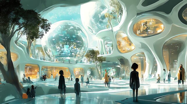 Futuristic bio-dome architecture displays glowing geodesic spheres containing luminous cityscapes viewed by small groups of people inside a vast atrium space