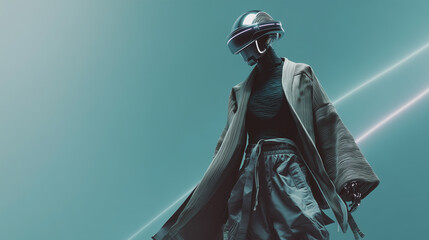 Futuristic android cyberpunk neon visor cloak minimal teal sleek figure in dramatic lighting feeling mysterious