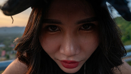 Thai Girl at Restaurant and Lake in Thailand