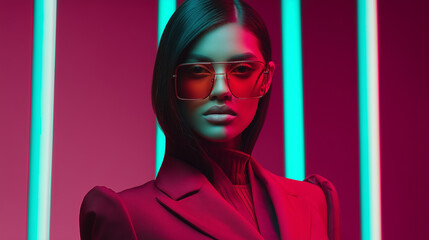 Futuristic fashion woman red suit neon light glowing confident portrait