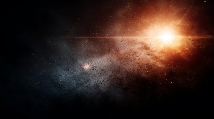 Dramatic abstract celestial explosion with bright light and glowing particles in a dark, hazy void