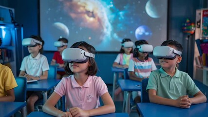 Diverse children wear VR headsets to explore space in a dim high tech classroom with wonde - Powered by Adobe