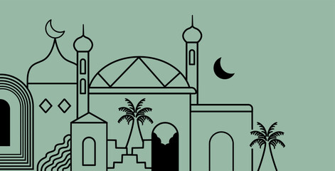 Ramadan Kareem background designed in line art style. Modern linear Islamic themed greeting card template. Vector illustration. Suitable for social media, posters, greeting cards, etc.