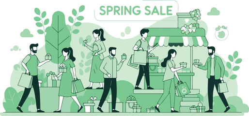 Illustration of diverse people shopping and walking in a stylized green environment with a spring sale sign.