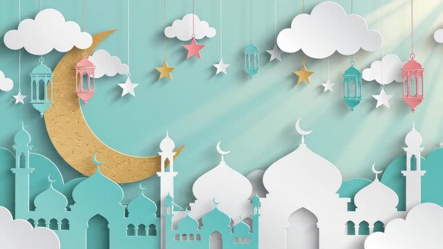 Light blue scene with paper clouds, moon, mosque silhouette, and lanterns