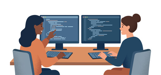 Diverse Female Software Engineers Coding in Modern Tech Office, Flat Vector Illustration of Women in STEM for International Women's Day 2026