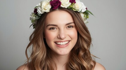 Young woman wearing floral headpiece