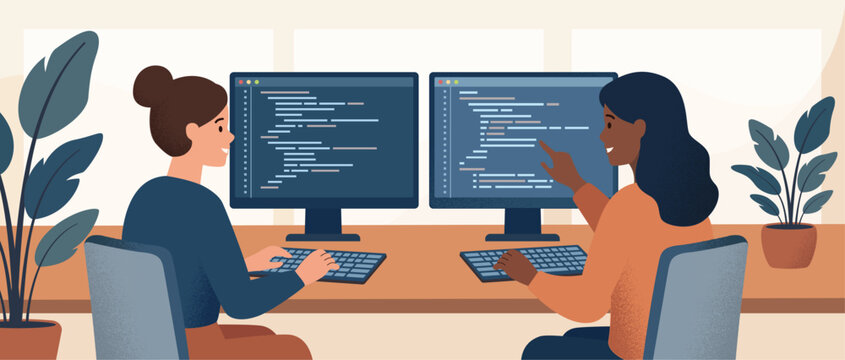 Diverse Female Software Engineers Coding in Modern Tech Office, Flat Vector Illustration of Women in STEM for International Women's Day 2026