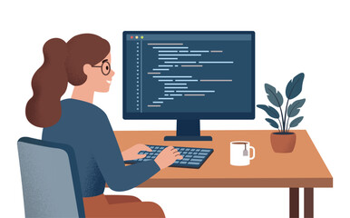 Female Software Engineer Coding in Modern Tech Office, Flat Vector Illustration of Women in STEM for International Women's Day 2026