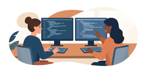 Diverse Female Software Engineers Coding in Modern Tech Office, Flat Vector Illustration of Women in STEM for International Women's Day 2026