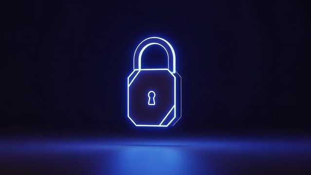Digital padlock security concept with glowing blue neon outline for data - Powered by Adobe