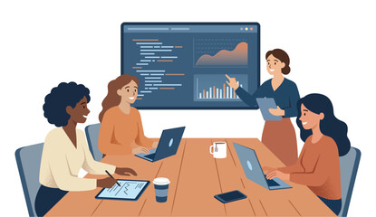 Diverse Female Software Engineers Coding in Modern Tech Office, Flat Vector Illustration of Women in STEM for International Women's Day 2026