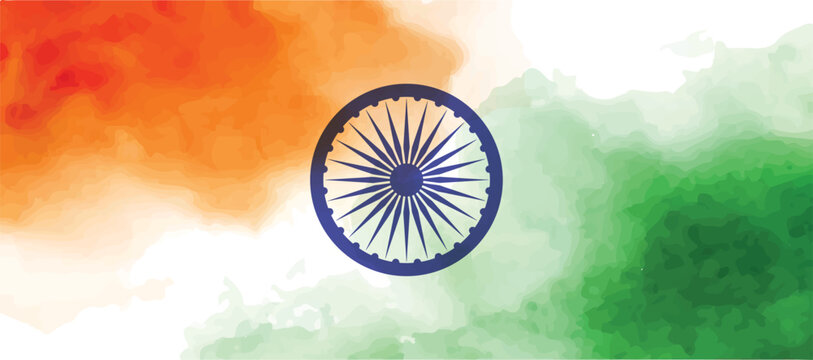 Indian Flag Watercolor with Ashok Chakra Landscape Background.