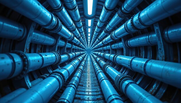 Perspective view of blue steel pipes inside futuristic industrial tunnel. Geometric lines of pipes recede into distance. Modern infrastructure creates sci fi atmosphere. Tube structure with utility