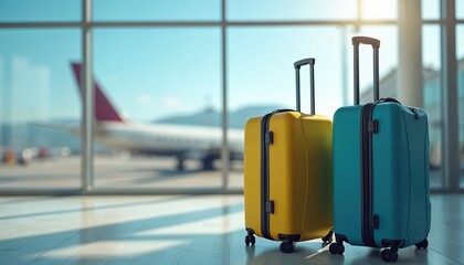 Two colorful suitcases stand ready in an airport lounge. An airplane waits on the tarmac outside the large windows. Vacationers prepare for their flight.