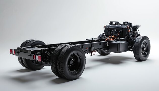 Modern electric truck chassis with integrated battery and powertrain. Robust frame designed for new energy vehicles, offers efficiency and sustainability for future transport.