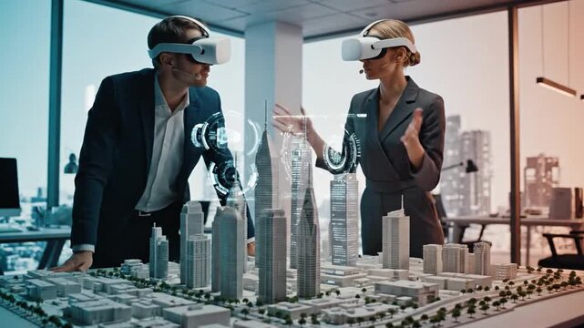 VR Architecture Preview: Two professionals, immersed in virtual reality, explore a detailed architectural model, seamlessly blending the physical and digital realms.