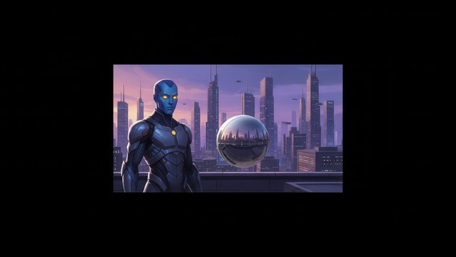A stoic blue-skinned futuristic guardian overlooks a vast cybernetic metropolis with a reflective