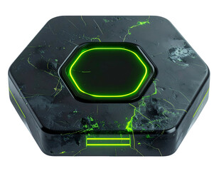 A hexagonal device with glowing green accents and cracked surface