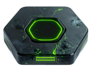 A hexagonal device with glowing green accents and cracked surface