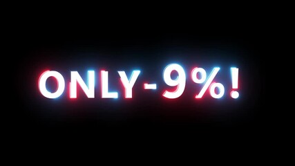 9% neon sale text animation. Neon sale discount number animation.  Neon percentage business promotion number on black background.