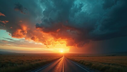 Empty asphalt road cuts through grassy field towards bright sunset horizon. Dramatic orange and teal clouds fill sky above, creating atmospheric journey. Path leads to distant hills under vibrant sun.